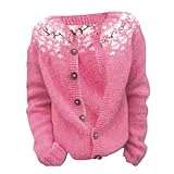 Generisch Damen Strickjacke mit floralem Norweger-Muster - Cardigan im Island-Stil mit Knopfleiste | Lässige Strickjacke für den Frühling