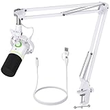 MAONO XLR/USB Dynamisches Mikrofon Kit, RGB Podcast Mic mit Software, Stummschaltung, Gain Regler, Lautstärkeregler, Galgenarm für Streaming, Gaming, Voice-Over, Recording-PD200XS Weiß