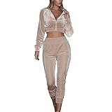 wenyujh Damen Bekleidungsset Sport Freizeit Pullover Hose Set Frühling 2 Teilig Samt Bauchweg Jacke Freizeithose Einfarbig (S, Khaki)