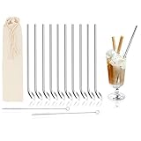 com-four® 10x Trinkhalmlöffel mit Reinigungsbürste - Strohhalmlöffel aus Edelstahl - Trinkhalm mit Rührlöffel - Wiederverwendbar (Edelstahl Barlöffel - 10 Stück)