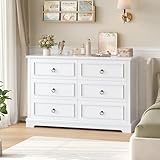 hefoths Kommode Weiß mit 6 Schubladen, 120 cm Breit Kommode mit Holzmaserung, Sideboard Komodenschrank für Schlafzimmer, Wohnzimmer, Schubladenschrank weiß mit Arbeitsplatte, 120 x 84 x 40 cm