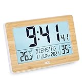 ADE Digitale XL-Funkuhr mit sehr großen Ziffern | Tischuhr mit 2 Weckzeiten und Beleuchtung | Thermometer Hygrometer | schmaler Rahmen aus echtem Bambus
