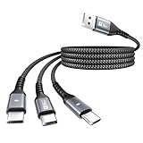 SUNGUY USB auf USB C kabel 1.2m, QC 3.0 Ladekabel 3 in 1 Schnellladekabel mit 3 USB C Anschlüssen Nylon Multi USB Kabel für iPhone 16/15 Series, Galaxy S25 S24, LG, Huawei, Google, Sony, Xiaomi, Honor