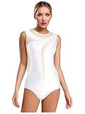 Agoky Damen Glitzer Gymnastikanzug Ärmelloser Turnanzug Rundhals Eiskunstlauf Anzug Mesh Spleiß Leotard Ballett Tanz Bekleidung Weiß M