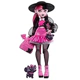 Monster High Draculaura-Puppe mit ihrem Haustier, der Fledermaus-Katze Count Fabulous, und Accessoires wie Rucksack, Zauberbuch, Bento-Box und mehr, HRP64