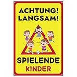 Achtung Kinder Schild, 30 x 20 cm Achtung Spielende Kinder mit UV Schutz, PVC Kunststoff Warnschild Bitte Langsam Fahren mit Bohrlöcher für Außenbereich Innenbereich