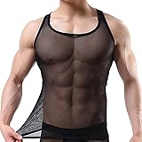ROSVAJFY Transparentes Tanktop für Herren Sexy Tank Top T Shirt Ärmellos Mesh Weste Bodybuilding Elastisch Atmungsaktiv Männliche Muskel Tops Tank Top Unterwäsche Gay Clubwear, Schwarz , Large