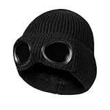 TAGVO Winter Warme Strickmütze, Winddichte Thermo Weiche Fleecefutter Skifahren Wandern Laufen Mütze mit Abnehmbarer Schutzbrille, Slouchy Thick Skull Cap für Männer Frauen Erwachsene Outdoor Sport