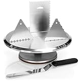 com-four® Tortenplatte drehbar und Backset - Edelstahl Kuchenspachtel und Torten-Schaber aus Aluminium - Kuchenplatte und Teigschaber (5 teilig - Tortenständer + Spachtel)