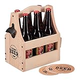 Relaxdays Bierträger aus Holz, mit Flaschenöffner & Bierdeckel, Flaschenträger 6 Flaschen, Männerhandtasche Bier, Natur