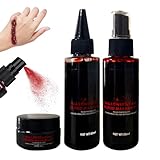 Halloween Kunstblut 4er Set:1 Geronnenes Blutplasma+1 Kunstblut Spray+1 Tropfendes Kunstblut+8 Tattoo,Halloween Schminke Makeup Spezialeffekt für Karneval,Simulierte Wunden,Film,Theater,Unfug