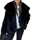 Yimoon Damen Cropped Kunstpelz Jacke Revers Open Front Shaggy Pelzmantel 2024 Winter Warm Flauschig Mantel, Schwarz, M