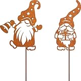 JYUECIAN 2er Set Wichtel Rost Gartenstecker Weihnachtsdeko, Edelrost Zwerg Gartendeko Weihnachten Advent Rost Deko für Garten