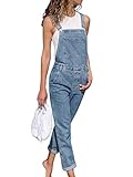 Onsoyours Jeanslatzhose Damen Latzhose Retro Jeanshose Trägerhose Hoseanzug Denim Blumen Overall Gerades Bein Lang Trägerhose Ärmellos Locker mit Taschen B Hellblau 2X-Large