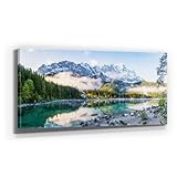 Atemberaubendes Berg-Panorama-Bild - Eibsee, Zugspitze - als 110x50cm großes XXL Leinwandbild. Wandbild als Hintergrund und Deko für Wohnzimmer & Schlafzimmer. Aufgespannt auf Holzrahmen