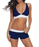 Durio Bikini Damen Set Zweiteiliger Badeanzug Bikini mit Hotpants Träger Verstellbar Bademode Navy Blau EU 38 (Herstellergröße M)