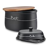 KHG Brotkasten Butterdose Set 2-teilig, Keramik Steingut poliert, Anthrazit Grau, Holz Deckel Bambus Schneidebrett, Kapazität 9 Liter & 200g Butterklotz, BPA-frei, Lüftungslöcher, beschriftet