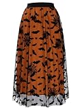 Cossoul Halloween-Tüllrock für Damen, Kürbis, elastische Taille, mehrlagiges Netzgewebe, Midi-Hexenrock, Orangefarbene Fledermäuse, L/XL