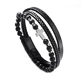 Oykrueats Armband Herren Schwarz,Kreuz Jesus Christusherren Armband,Naturstein Magnetverschluss Herren Leder,Verstellbaren Kreuz Men's Bracelets,Für Männer Christen Großväter Väter Onkel Brüder