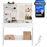 VASAGLE Kailyn Kollektion - Schminktisch mit LED-Beleuchtung, 3 Farben mit Einstellbarer Helligkeit, Frisiertisch mit Spiegel, mit verstellbaren Ablagen, 2 Schubladen, weiß RDT123T14