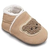 Krabbelschuhe Baby Winter Lauflernschuhe Baby Gefüttert Lederschuhe Babys Weiche Leder Wildledersohlen Lederpuschen(Khaki Bär, 6-12 Monate)