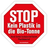 Aufkleber Warnhinweis „STOP Kein Plastik in die Bio-Tonne“ Hinweis Mülltrennung Recycling Oktagon, rot | 5-30 cm Made in Germany, Größe: 15x15 cm