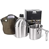 Goetland Edelstahl US Militär Feldflasche Set 1l mit 0,5l Becher Nylon Beutel Wasserflasche Kochtopf Campingbecher
