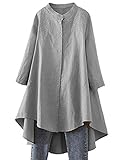 FTCayanz Damen Leinen Bluse Shirt Langarm Stickerei Hemd Elegant Langarmshirt Lang Tunika Tops Grau XL