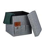 Relaxdays Faltbarer Sitzhocker 38 x 38 x 38 cm stabiler Sitzcube mit 3 Seitentaschen Sitzwürfel aus Leinen Sitzbank als Aufbewahrungsbox mit Stauraum und Deckel zum Abnehmen für Wohnraum, grau