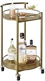 Huhote Servierwagen, 2 Ebenen, Küchenwagen, Rollwagen mit 2 Etagen, Runder Barwagen, Getränkewagen, Küchenregal auf Rollen, Aufbewahrungswagen, mit verstellbaren Rollen, Metall, 42 x 42 x 78 cm, Gold