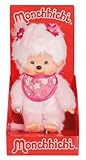 Sekiguchi 767020 - Original Monchhichi Mädchen Kirschblüte, Plüschfigur mit Lätzchen und Zöpfen mit Blumen, ca. 20 cm großes Kuscheltier aus rosa Plüsch