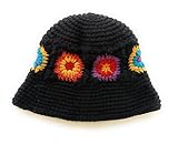 KGM Handgefertigter Strick-Hut, gehäkelt, für Festivals, Urlaub, Reisen, Sommer, Winter, Schwarze Blume, Einheitsgröße