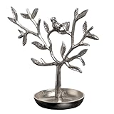 IHI EST. 1986 Baumförmiger Schmuck-Organizer mit Vogel – 25,4 x 12,7 cm, silberfarbener Aluminium-Schmuck-Organizer für Ringe und Armbänder