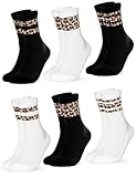 Occulto Damen Leoparden Muster Tennis Socken 6er Pack (Modell: Nala) Schwarz Weiß 35-38