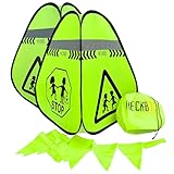 HECKBO 2X Pylone Achtung Kinder Schild spielende Pylonen Pylone + Wimpelkette - Kinder Straßenpylone Kinder Sicherheit Safety Pop Up Set
