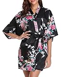 Vlazom Kimono Satin Robe Morgenmantel Kurz V-Ausschnitt Bademantel mit Gürtel Kimono Robe für Damen(M,Schwarz