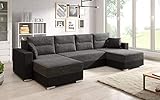 Generisch Clara U-Form Wohnlandschaft mit Schlaffunktion Couchgarnitur Sofa in Kunstleder oder Stoff schwarz grau (Clara_U_ek14/berlin02)