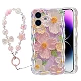 EYZUTAK Schutzhülle für iPhone 17, buntes Ölgemälde, Blume, mit Armband, Kette, gewellter Rand, exquisite Hülle, stilvoll, langlebig, TPU-Schutzhülle, Handy-Anhänger für Mädchen und Damen, Rosa