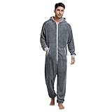 Nachtwäsche Herren Warm Fleece Overall Pyjama Langarm Einteiler Hoodies Schlafanzug Einteiler Winter Thermo Homewear Schlafoverall Jumpsuit Onesie mit Kapuze Hausanzug Jumpsuit Strampler