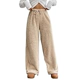 Hose Damen Freizeithose Winter Warme Lockere Bequeme Fleece Hosen Einfarbig High Waist Plüsch Pyjamahose Home Flauschig Elastische Taille Thermohose Haushose Mit Kordelzug,S-XL