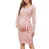 LAHILO Langärmeliges Umstandsmidikleid aus Netzstoff mit Blumenmuster, figurbetontes Kleid für Babyparty, Fotoshooting, Pink, Mittel