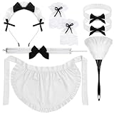 Livdouyu Kochschürze Damen Set, Schürzen für Frauen Vintage Maid Ruffle Apron Kellnerin Schürze Weiße Verstellbare Taillenschürze mit Taschen für Halloween Grill Küche Salon