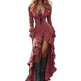 Damen Vintage Western Cowgirl Maxikleid Sexy V-Ausschnitt Lässig Locker Langarm Rustikaler Stil Fließendes Kleid Country Blumenkleid Lace A-Linien Swing Rüschenkleid Boho Strandkleid Lange Mini Kleid