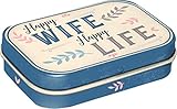 Nostalgic-Art Retro Pillendose, 4 x 6 x 1,6 cm, Happy Wife Happy Life – Geschenk-Idee mit tollem Spruch, mit Pfefferminz-Dragees, Vintage Design