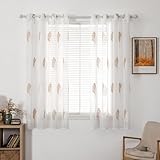 MIULEE Kurz Vorhänge Transparent mit Braun und Weiss Blätter Muster, Modern Stickerei Gardinen Ösen Für Kleines Fenster Kurzgardine, 2er Set Schöne Blätter Muster Vorhang Fenster H 145 x B 140