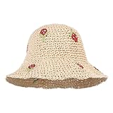 Meliyya Damen Papierstroh Sonnenhut Erdbeere Muster Strohhut Faltbarer Verstellbar Sommer Strandhut Breite Krempe Sommerhut, Beige