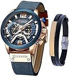 CURREN Herren-Armbanduhr, Quarz, Leder, Chronograph, Armbanduhr und modisches Armband, analoge Uhren für Herren, luxuriöse Armbanduhr, Geschenke für Vater, Freund, Blau, Quarzuhr, Chronograph