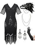 SWEETV 20er Jahre Kostüm Damen Gatsby Kleid Damen,1920er Kleider Mit Accessoires Charleston Kleid 20er Jahre