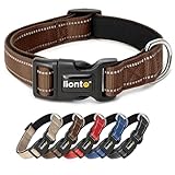 lionto Hundehalsband aus strapazierfähigem Nylon, Größe XL, weiches gepolstertes Halsband für Hunde, 360° reflektierend & Klickverschluss, Metallring & Anpassung durch stufenlosen Schieber, braun
