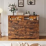 IRONCK Kommode Vintage Braun mit 6 Schubladen, Komodenschrank mit LED-Streifen und 2 Steckdosen, USB+Typ-C-Anschlusse, Schubladenschrank für Schlafzimmer, Wohnzimmer, Arbeitszimmer Flur, 120cm Breite